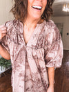 Brown Toile Print Flutter Detail Blouse