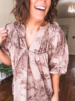 Brown Toile Print Flutter Detail Blouse