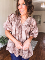 Brown Toile Print Flutter Detail Blouse