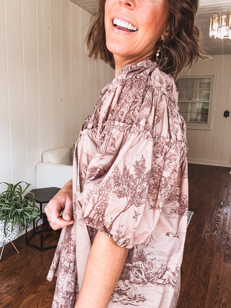 Brown Toile Print Flutter Detail Blouse
