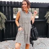 Black & Taupe Gingham Plaid Tiered Dress