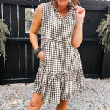 Black & Taupe Gingham Plaid Tiered Dress