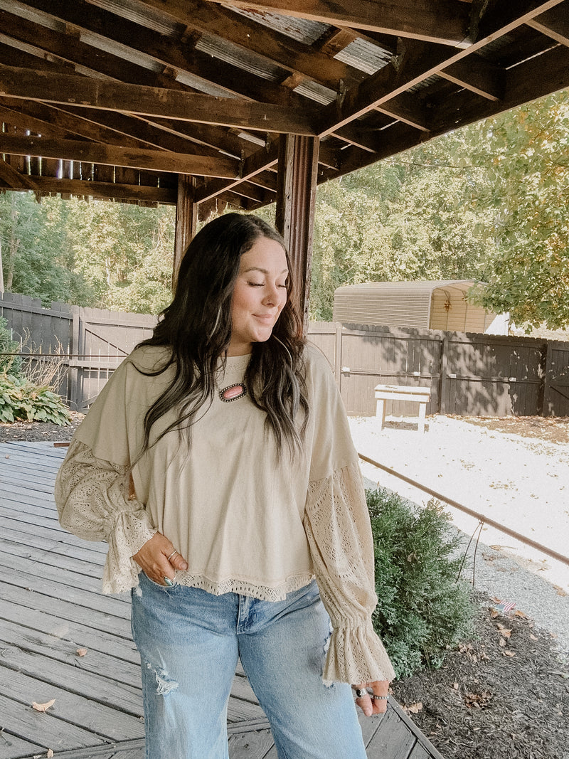 Natural Washed Lace Puff Sleeve Top