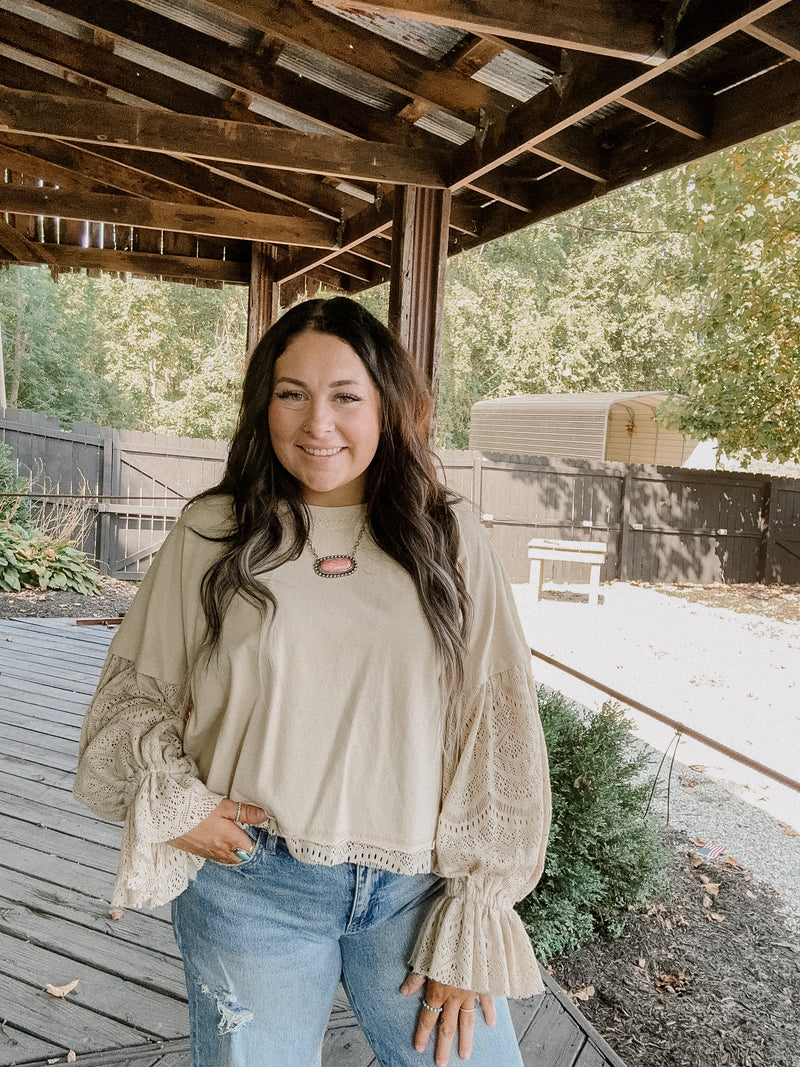 Natural Washed Lace Puff Sleeve Top