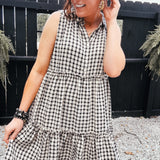 Black & Taupe Gingham Plaid Tiered Dress