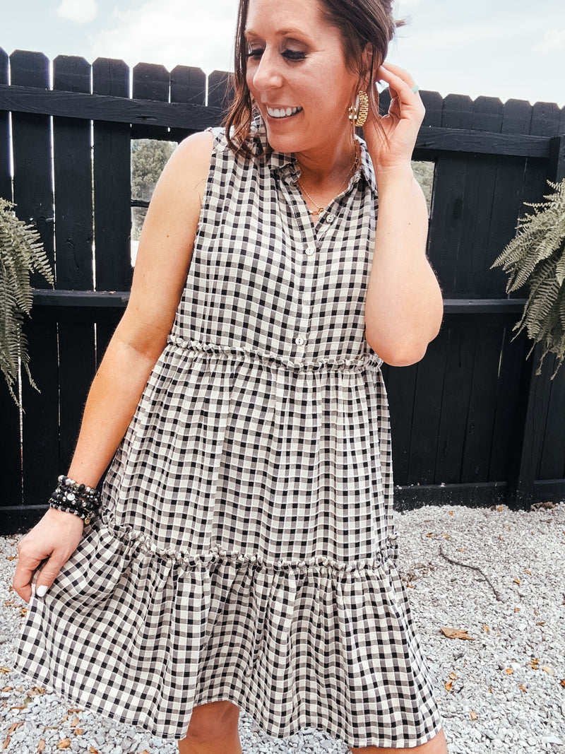 Black & Taupe Gingham Plaid Tiered Dress