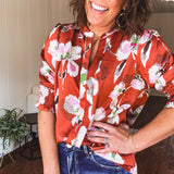 Ginger Spice Floral Blouse with Smock Cuff