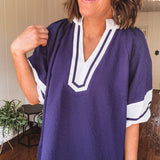 Navy Stripe Trim Yoke Contrast Blouse