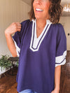 Navy Stripe Trim Yoke Contrast Blouse
