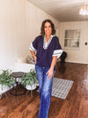 Navy Stripe Trim Yoke Contrast Blouse