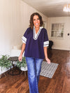 Navy Stripe Trim Yoke Contrast Blouse