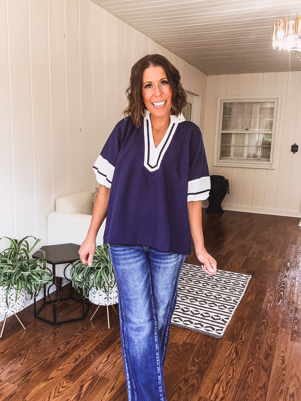Navy Stripe Trim Yoke Contrast Blouse