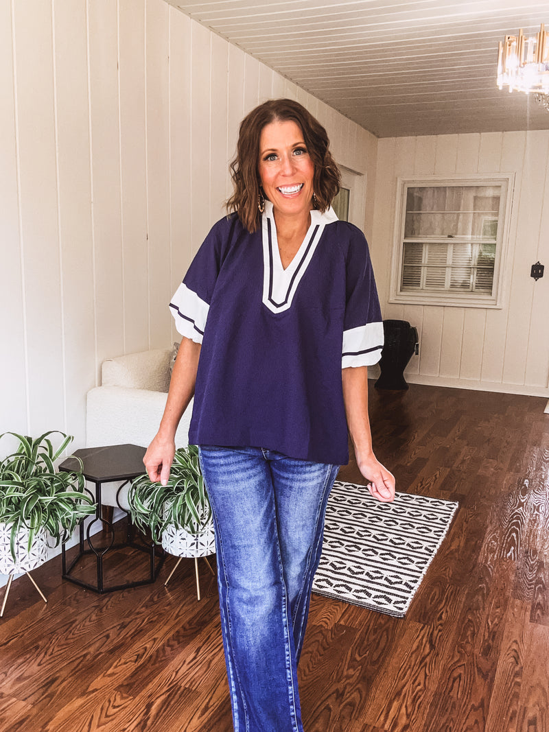 Navy Stripe Trim Yoke Contrast Blouse