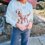 White Crew Neck Puppy Graphic Sweater