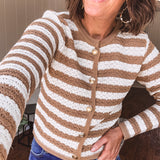 Khaki Stripe Crochet Knit Button Sweater