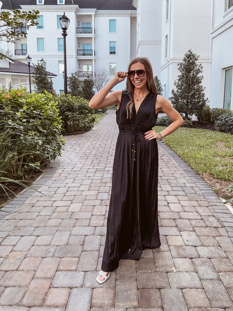 She's So Chic Black V Neck Jumpsuit