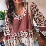 Dusty Rose Thermal + Floral Babydoll Top