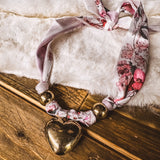 FLORAL SCARF NECKLACE WITH SINGLE SILVER DROP HEART