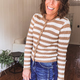 Khaki Stripe Crochet Knit Button Sweater