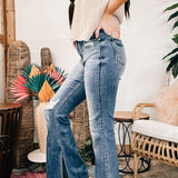 Dark High Rise Slit Flare Denim