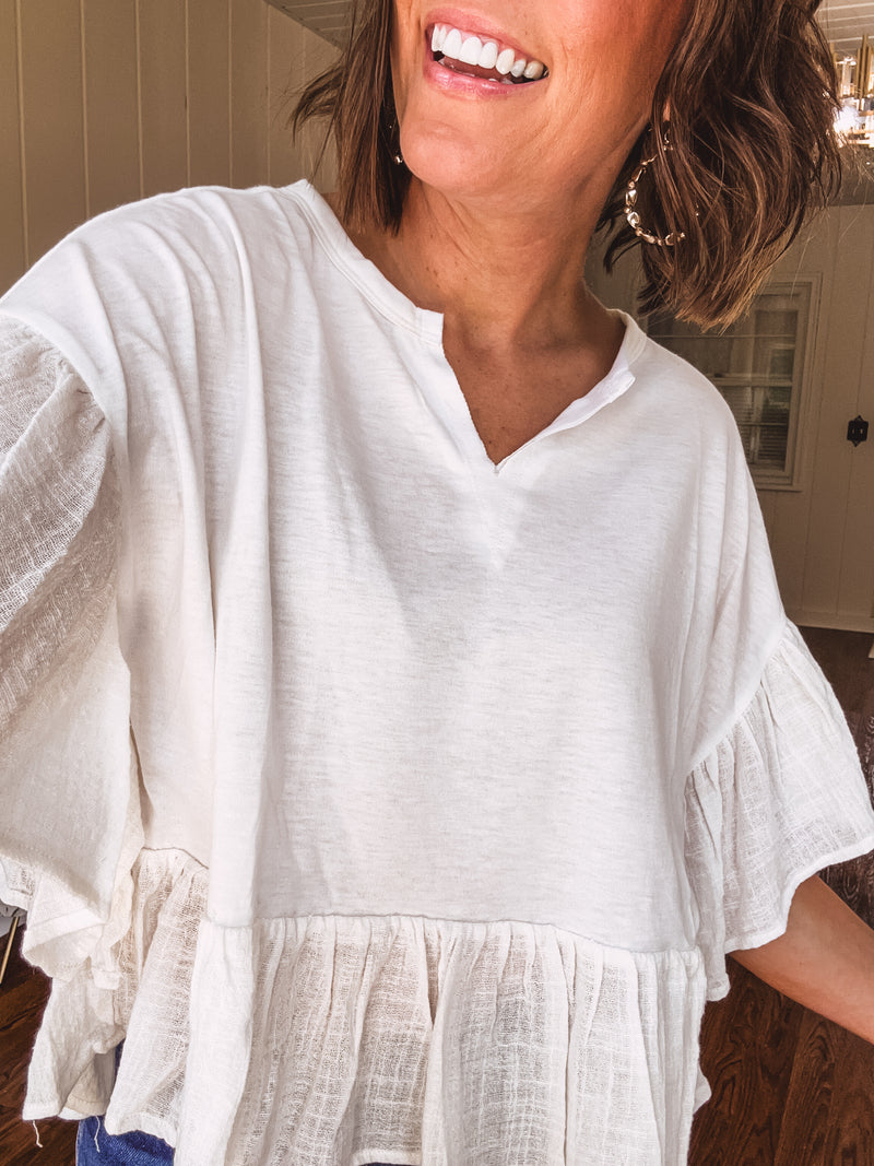 Off White Ruffle Hem Crop Pullover