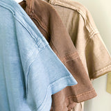 Buttery soft, thin tee with exposed seams and round neck and U shaped hem.