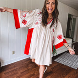 Boho Babe Red + Cream Embroidered Dress