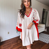 Boho Babe Red + Cream Embroidered Dress