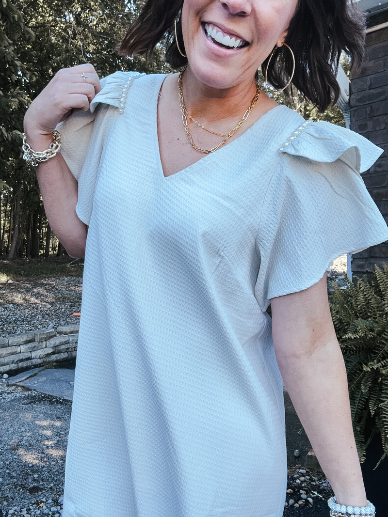 Cream Texture Pearl Accent Flutter Dress