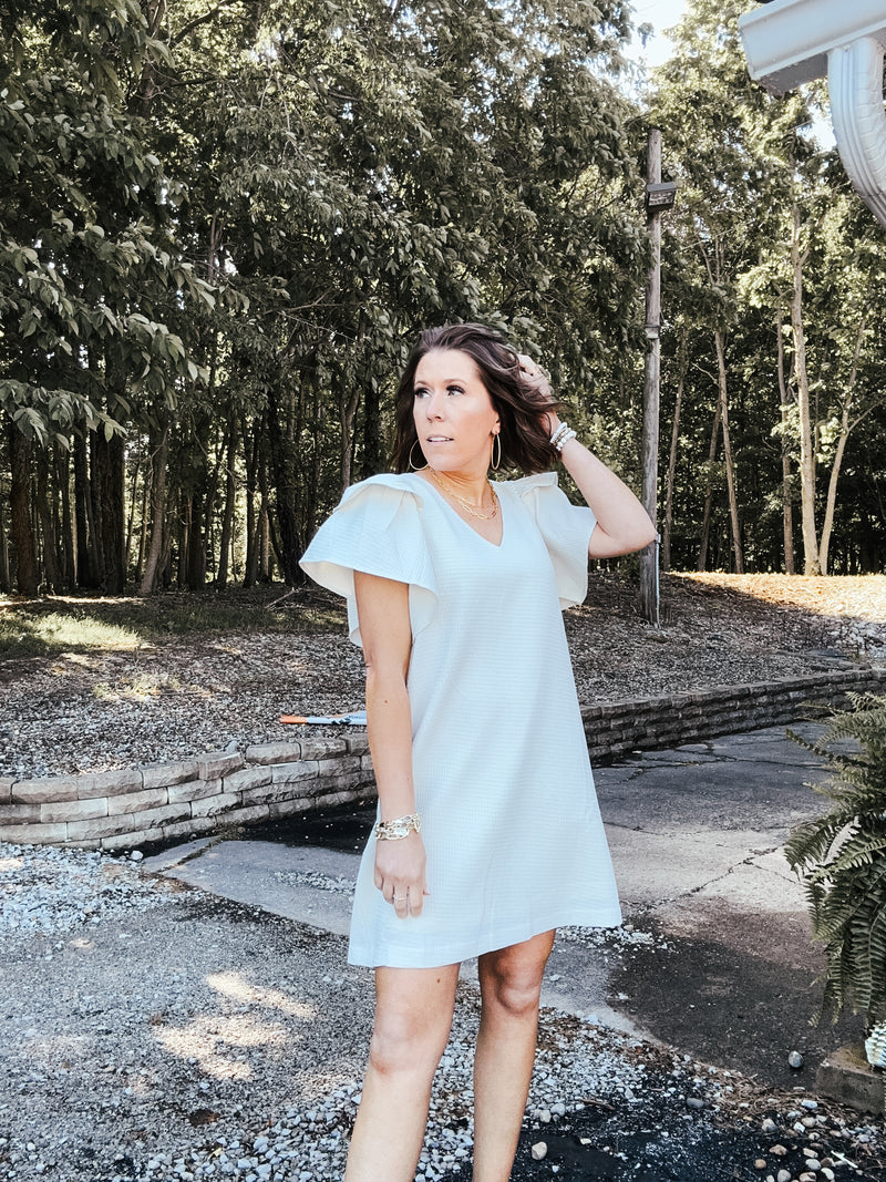 Cream Texture Pearl Accent Flutter Dress