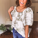 Sage Two Tone Toile Print Blouse