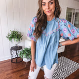 See Ya in Sedona Embroidered Puff Sleeve Top