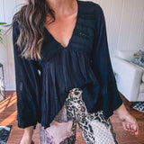 Black Eyelet V Neck Boho Blouse