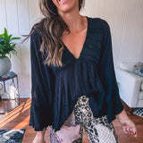 Black Eyelet V Neck Boho Blouse