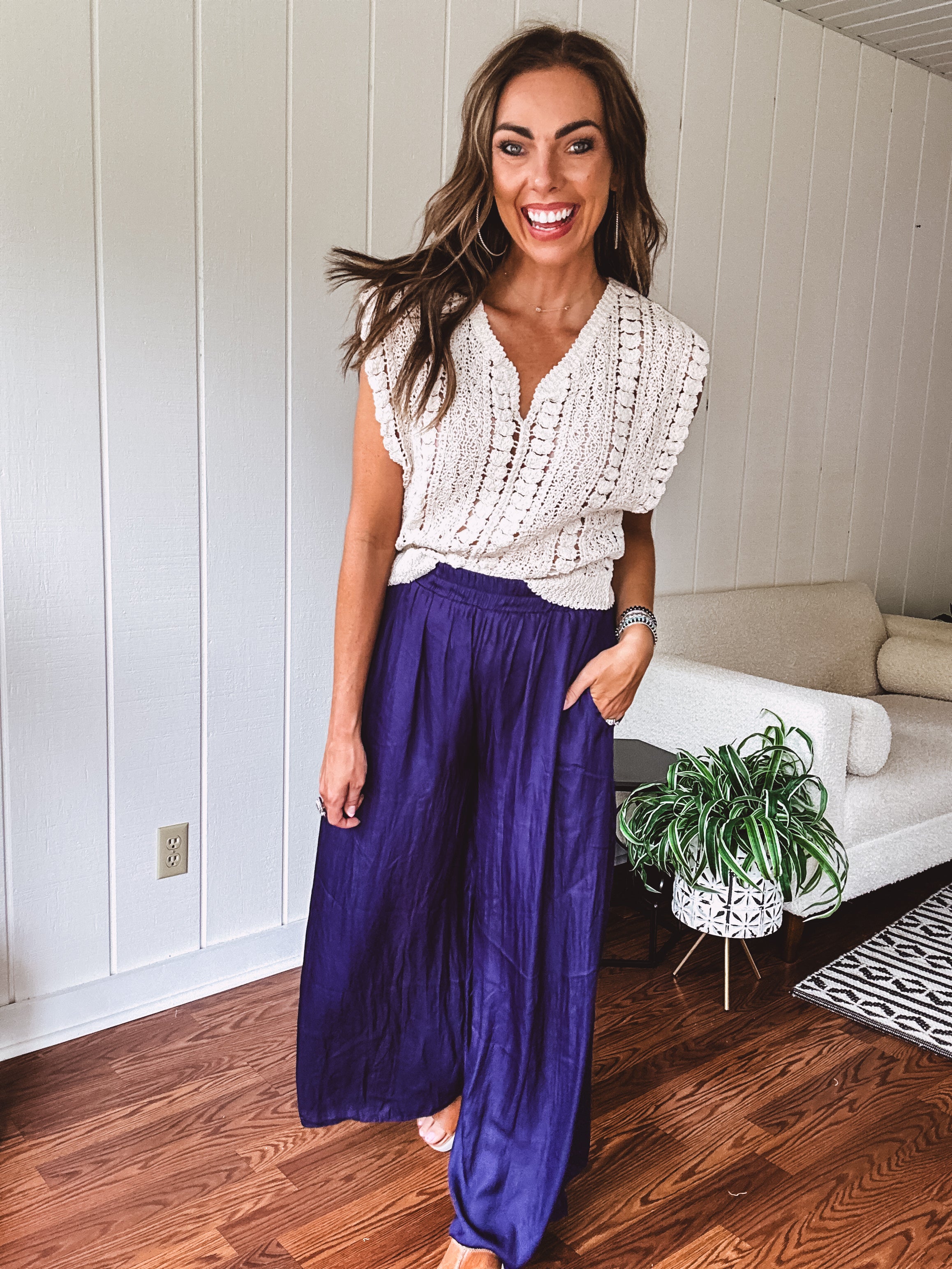 Navy wide leg satin pants with elastic waistband and pockets