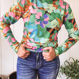 Green Pink Flower Printed Sheer Mesh