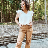 Mocha High Rise Straight Knee Distressed Denim