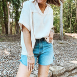 Off White Cotton Gauze V Neck Collared Blouse