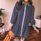 Denim Cotton Contrast Stripe Button Dress