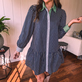 Denim Cotton Contrast Stripe Button Dress