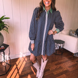 Denim Cotton Contrast Stripe Button Dress