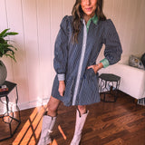 Denim Cotton Contrast Stripe Button Dress