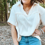 Off White Cotton Gauze V Neck Collared Blouse