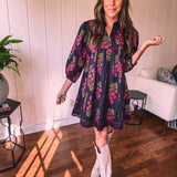 Black + Garnet Feminine Floral A Line Dress