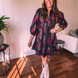 Black + Garnet Feminine Floral A Line Dress