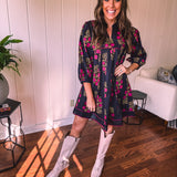 Black + Garnet Feminine Floral A Line Dress