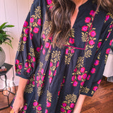 Black + Garnet Feminine Floral A Line Dress