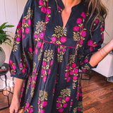 Black + Garnet Feminine Floral A Line Dress