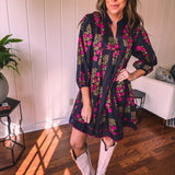 Black + Garnet Feminine Floral A Line Dress