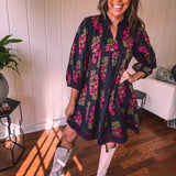 Black + Garnet Feminine Floral A Line Dress